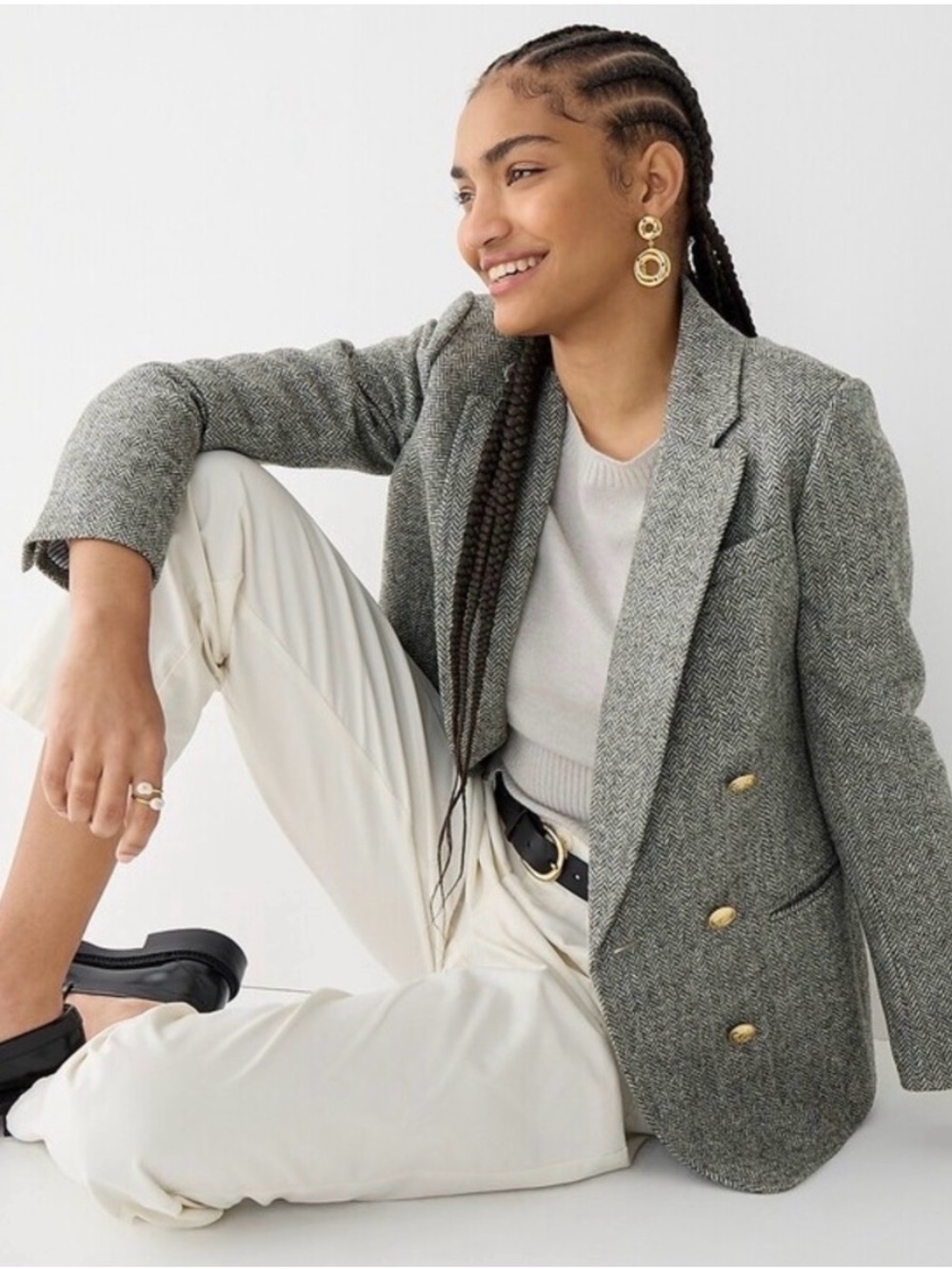 J. Crew Bristol Gray Wool Herringbone Double-Breasted Blazer with Gold Buttons - Picture 2 of 5